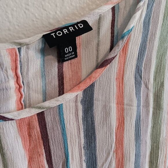 Torrid 00 Medium Large Abbey Gauze Button Back Blouse Semi Sheer Multi Stripe - Picture 2 of 6